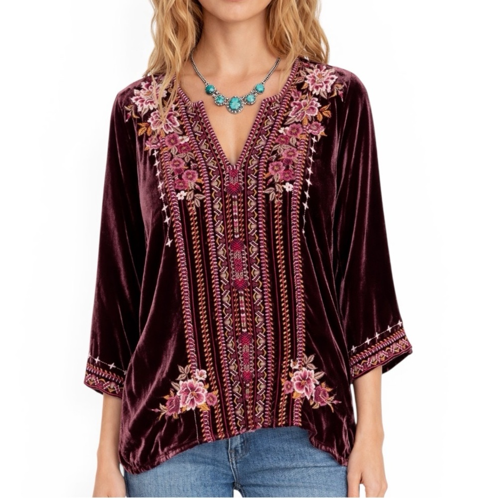 Johnny Was Valmere heavily embroidered velvet flutter sleeve top (oversized) NWT
